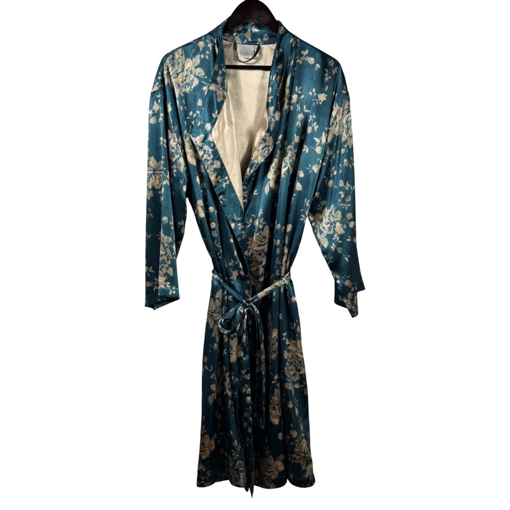 Cabernet Sleepwear Teal Green Gold Floral Satin Wrap Robe‎ Long Sleeve Womens L